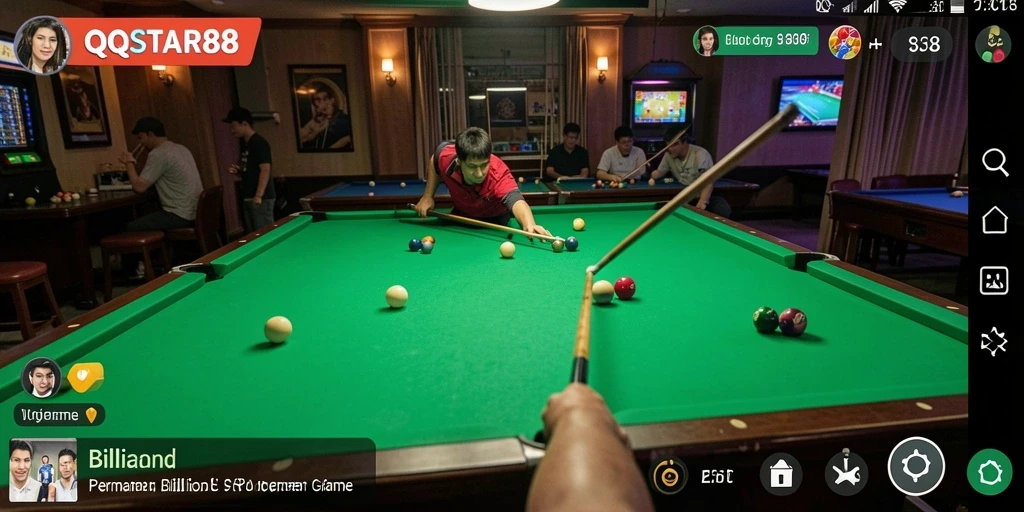 Tampilan antarmuka QQSTAR88 dengan meja billiard dan grafis yang menarik.