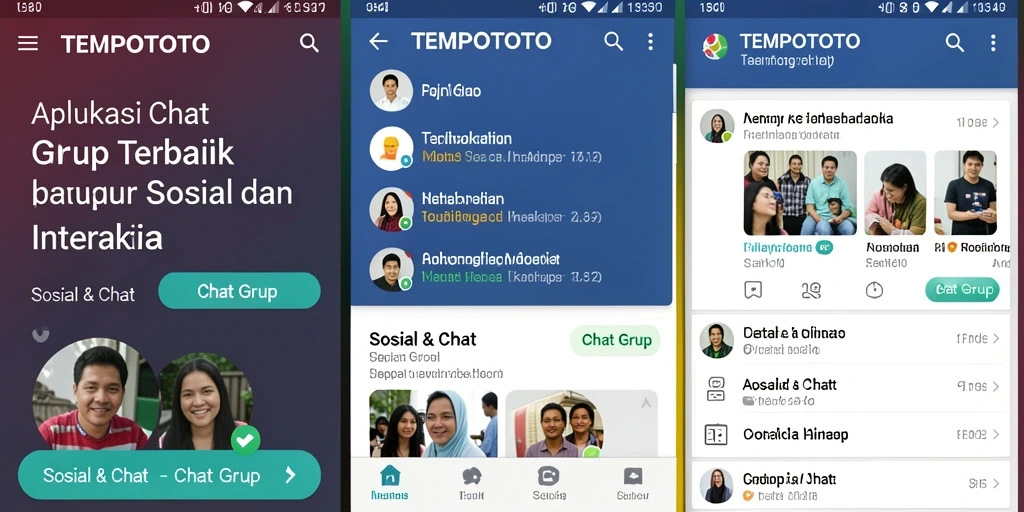 Tampilan antarmuka pengguna TEMPOTOTO yang intuitif dan menarik untuk chatting grup.